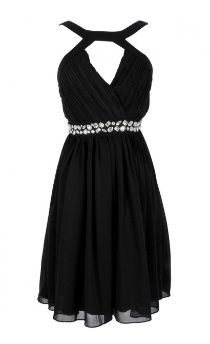 Embellished Pleated Chiffon Designer Dress by Minuet in Black